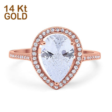 14K Rose Gold Halo Teardrop Bridal Ring Pear Round Cubic Zirconia Size-7